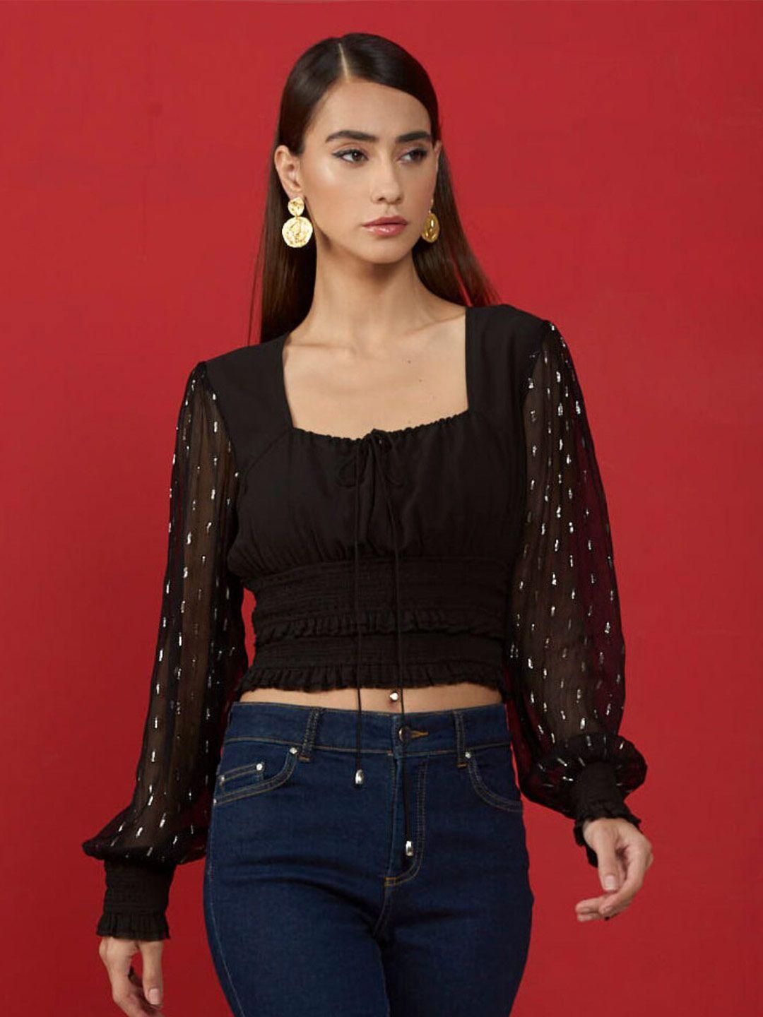 style island square neck puff sleeves blouson crop top