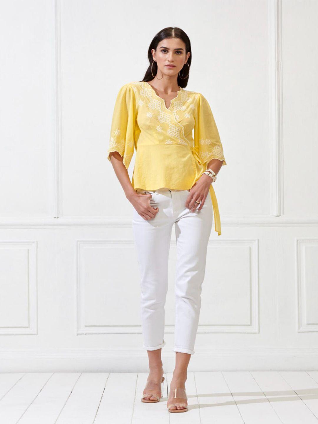 style island women yellow & white embellished embroidered wrap top