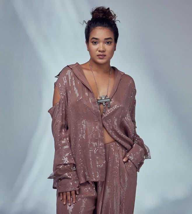 style junkiie nude brown bombae oversized cold shoulder sequin shirt