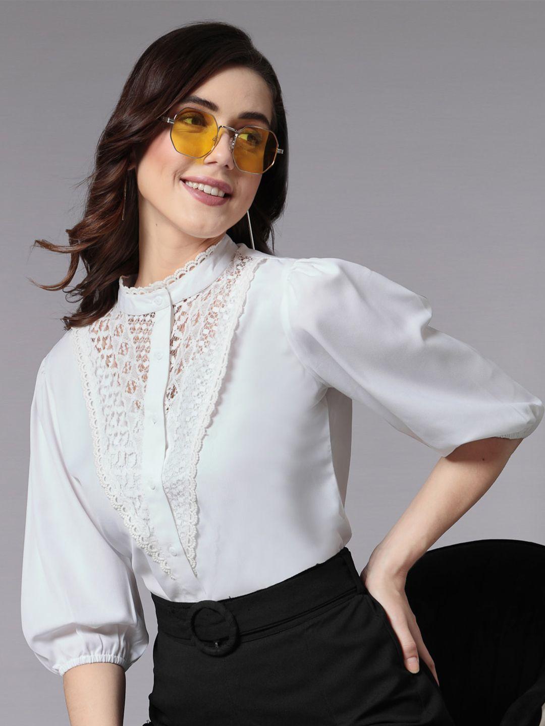 style quotient band collar puff sleeves lace-up shirt style top