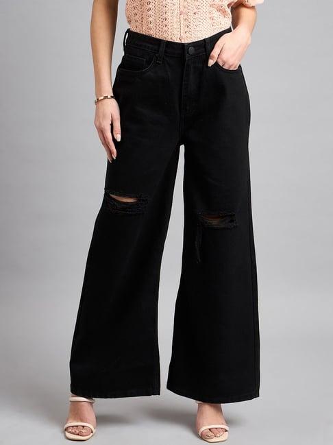 style quotient black cotton distressed regular fit high rise jeans