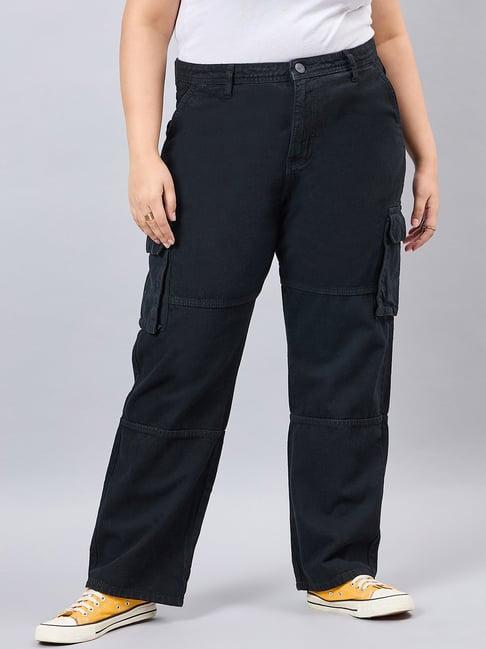 style quotient black cotton regular fit regular fit high rise cargo jeans
