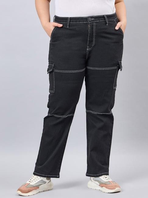 style quotient black cotton straight fit high rise cargo jeans