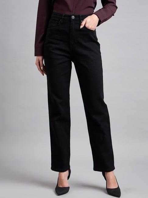 style quotient black cotton straight fit high rise jeans