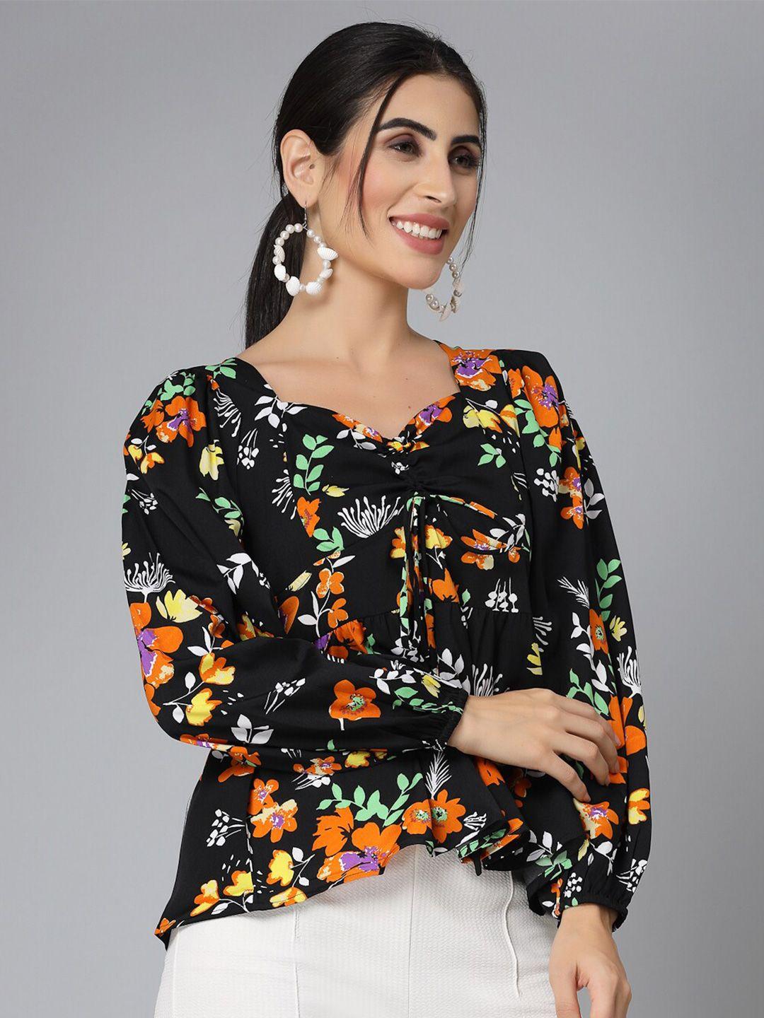 style quotient black floral printed puff sleeve ruched empire top