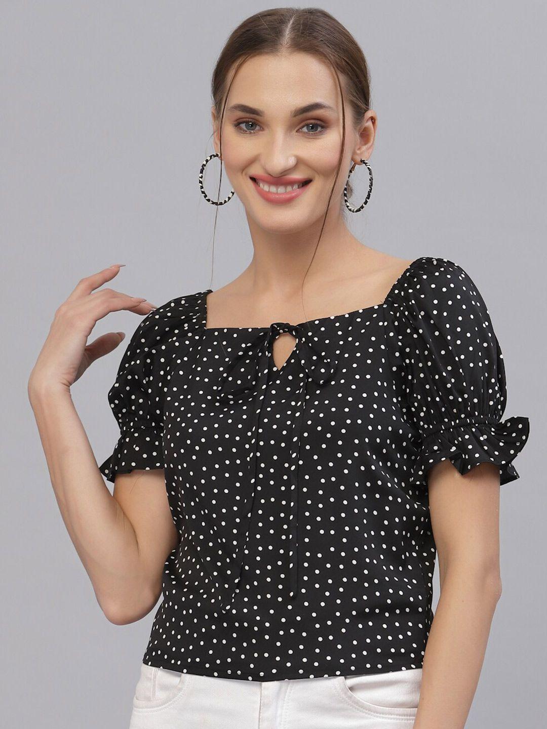 style quotient black polka dot print tie-up neck top