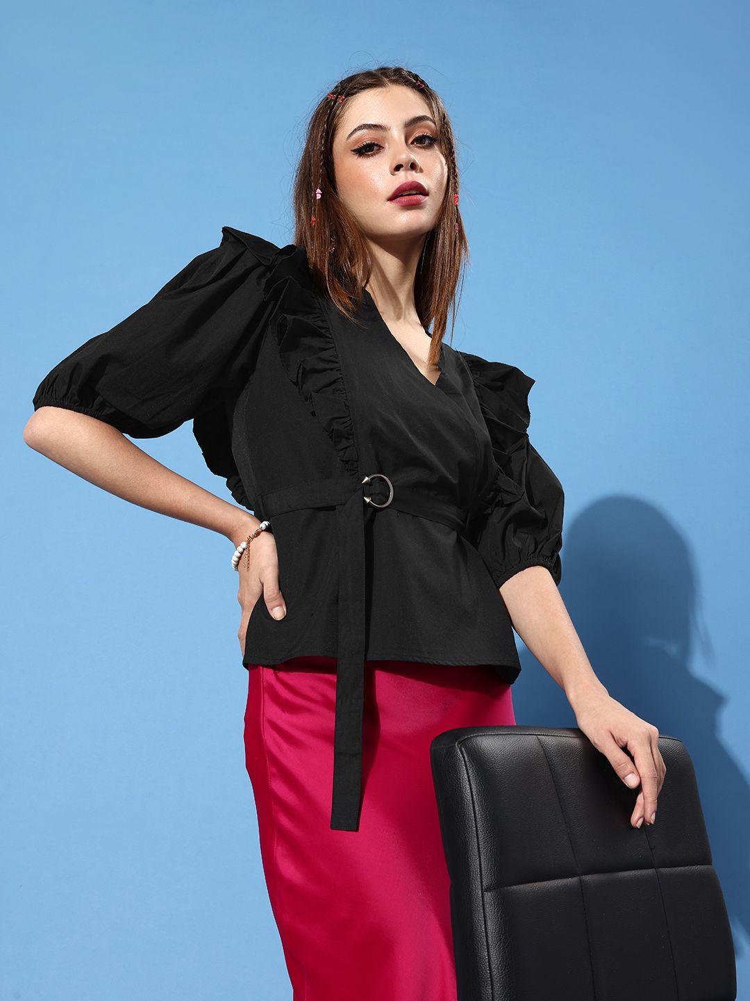 style quotient black ruffles wrap top