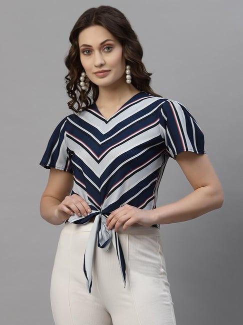 style quotient blue & grey striped v-neck top