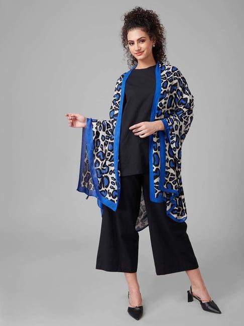 style quotient blue & white rayon animal print shawl