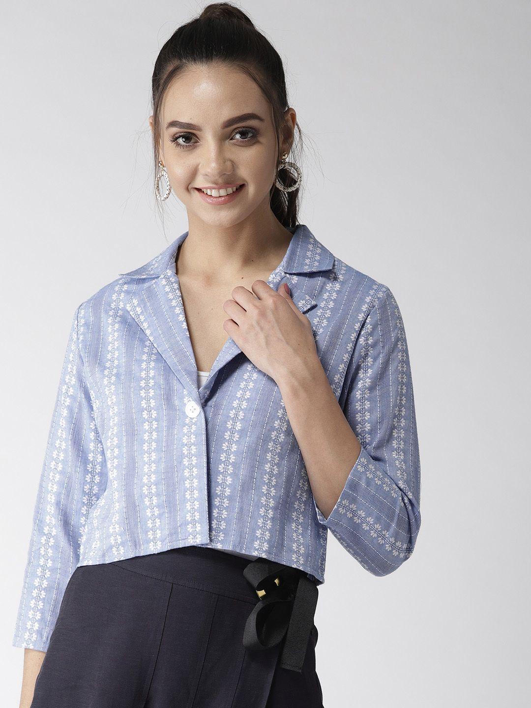 style quotient blue & white self design crop button shrug