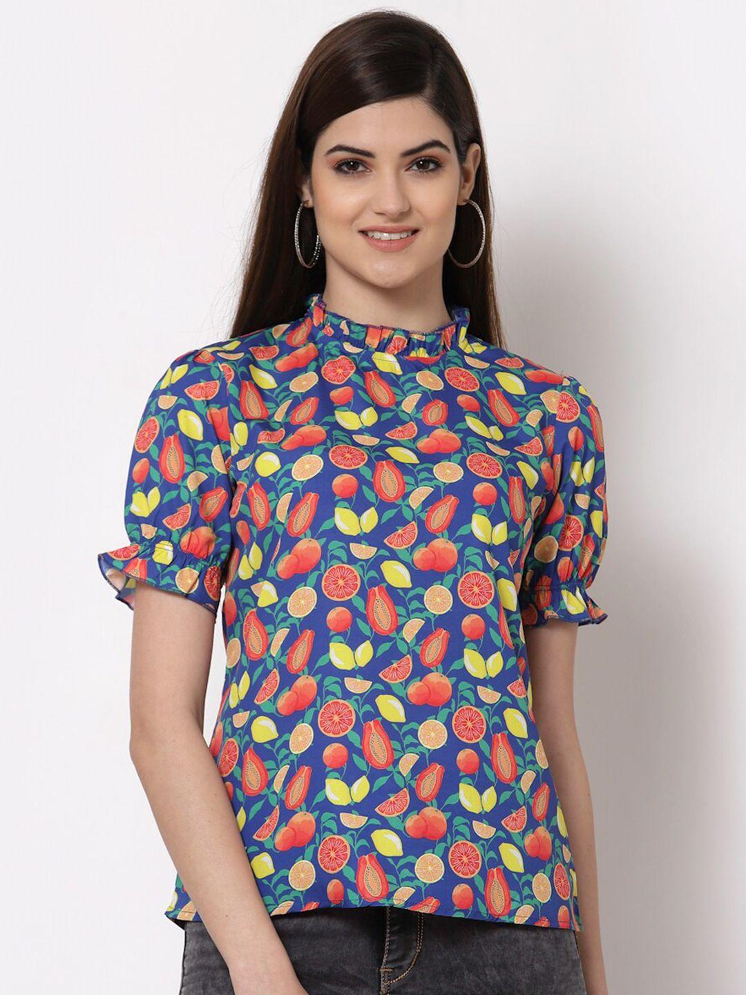 style quotient blue quirky printed high neck crepe top