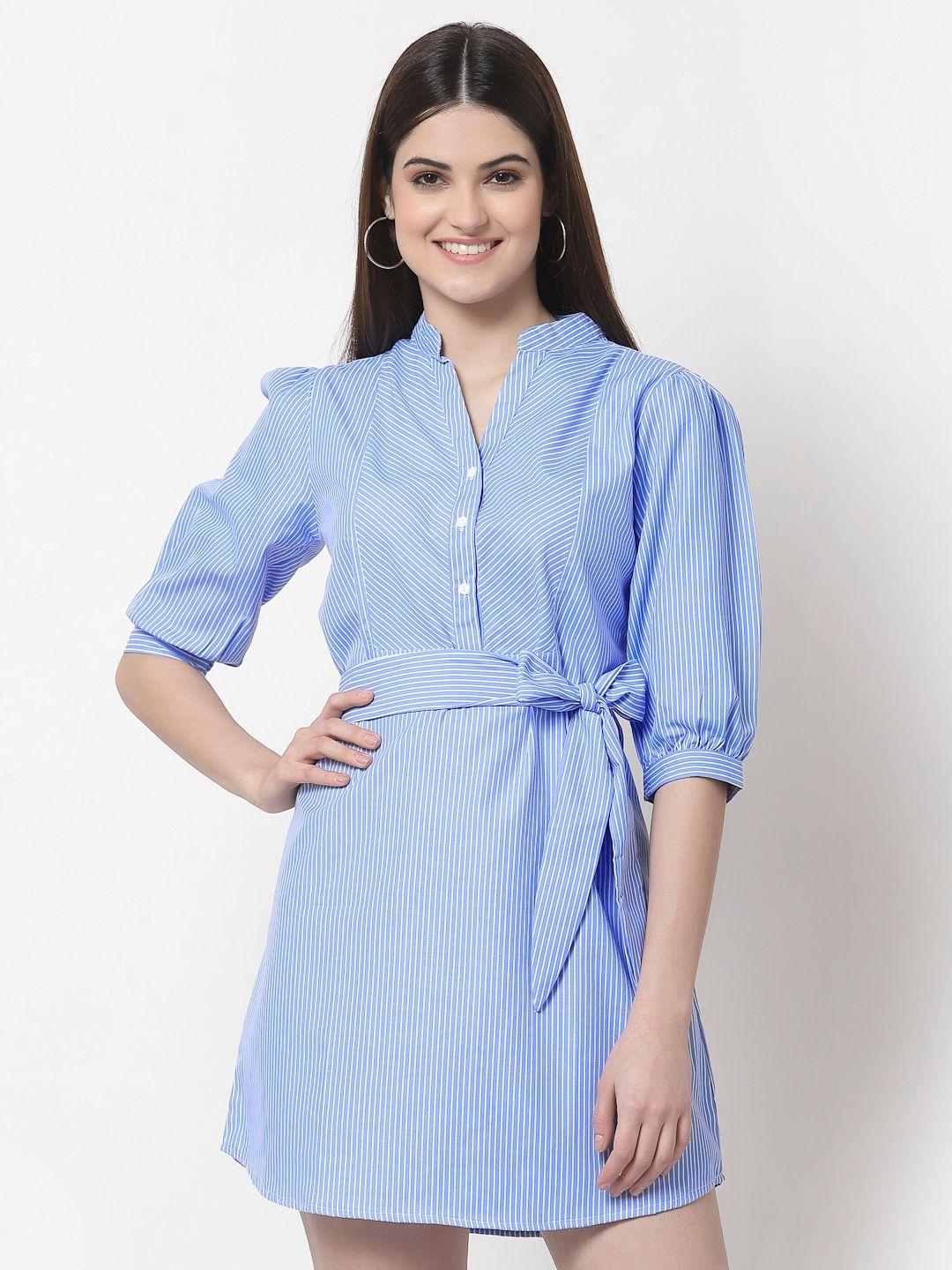 style quotient blue striped cotton shirt mini dress