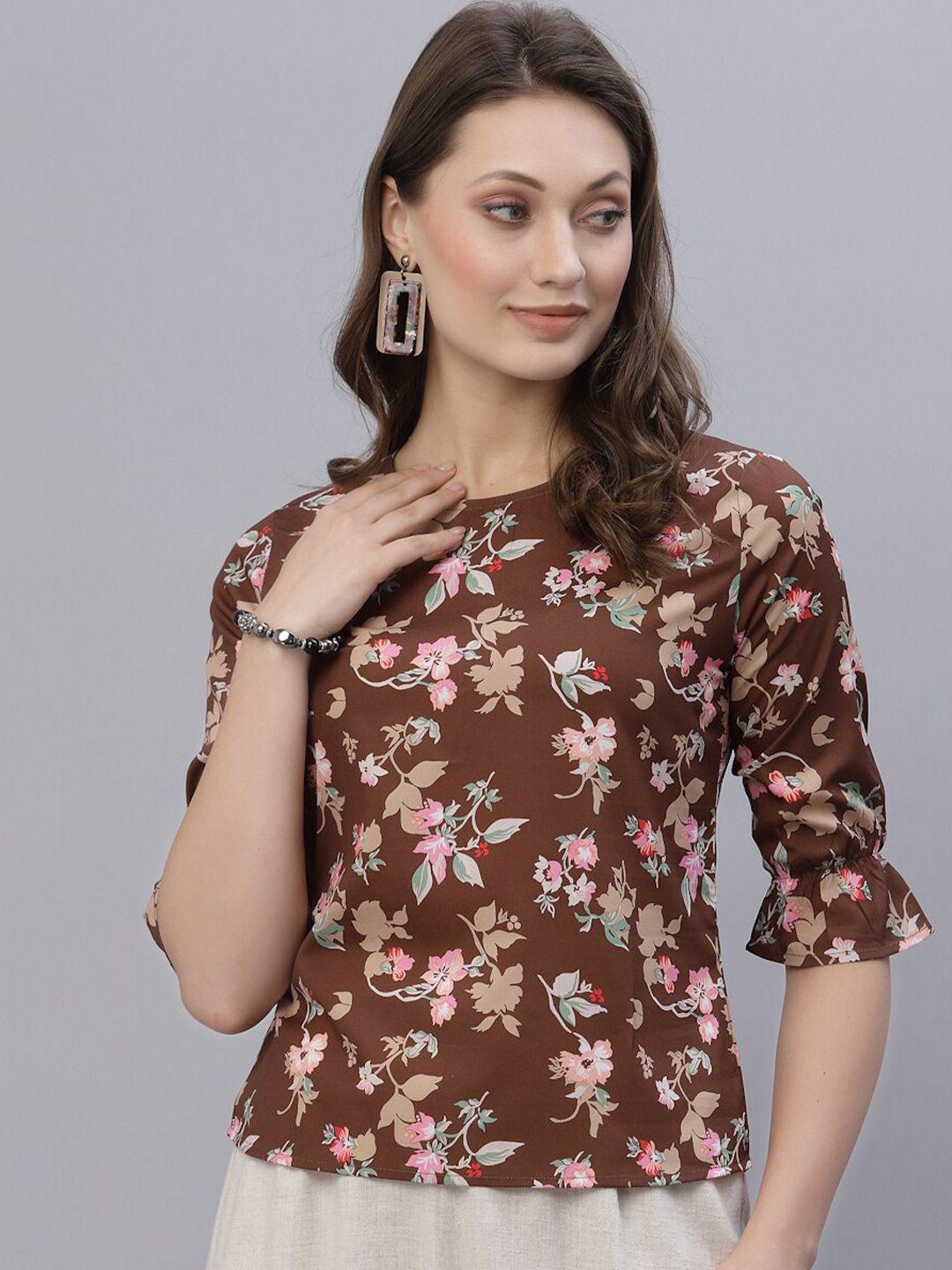 style quotient brown & pink floral print crepe top