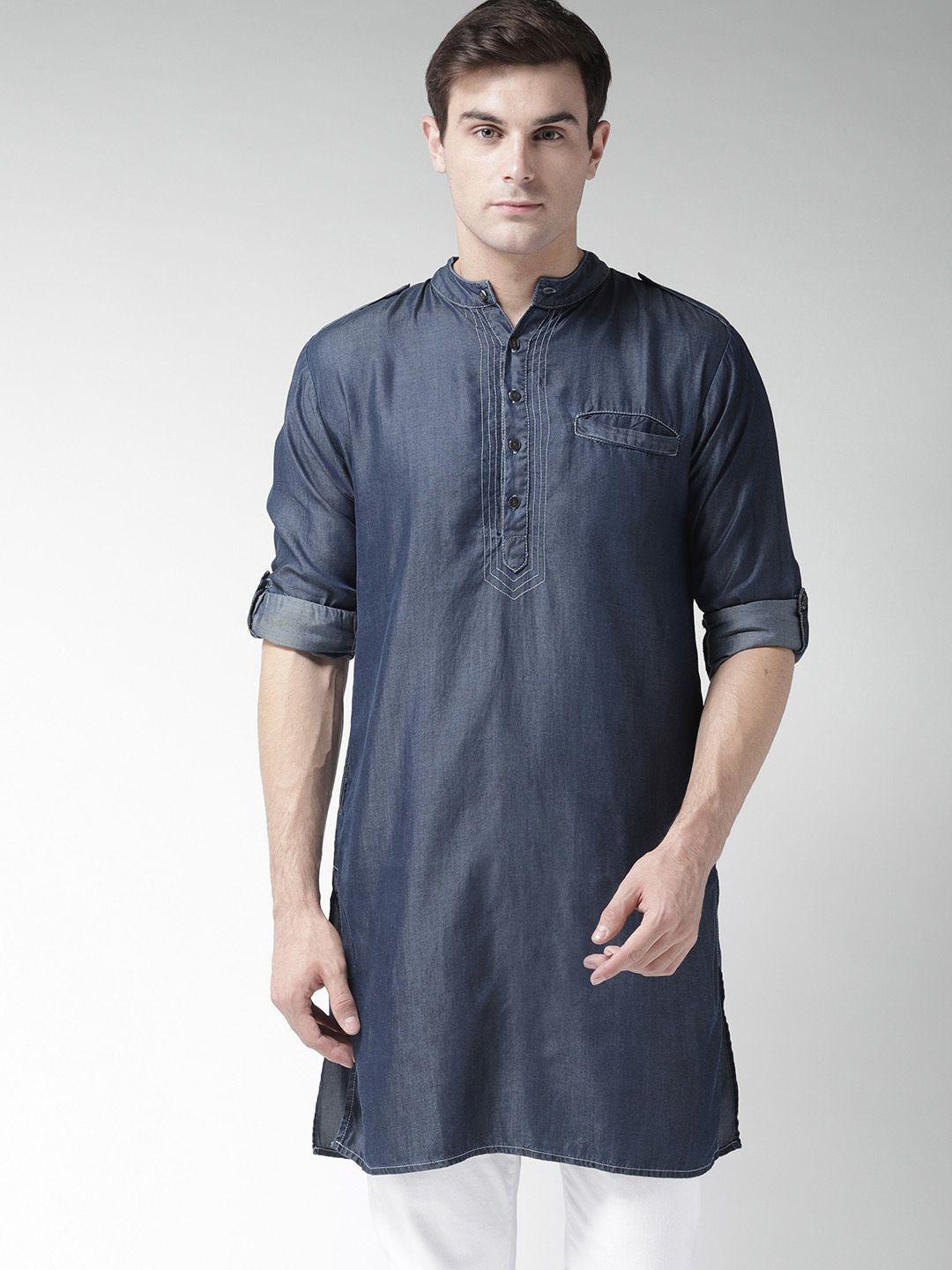 style quotient by noi men navy blue chambray solid pathani kurta