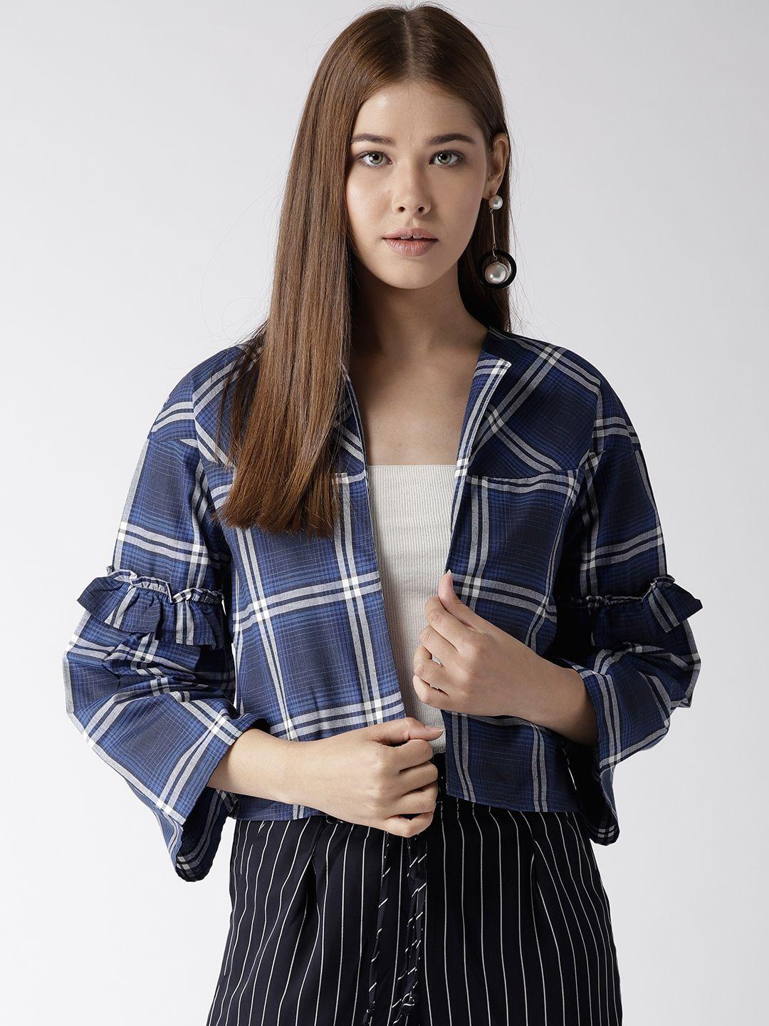 style quotient by noi navy & white checked crop open front shrug