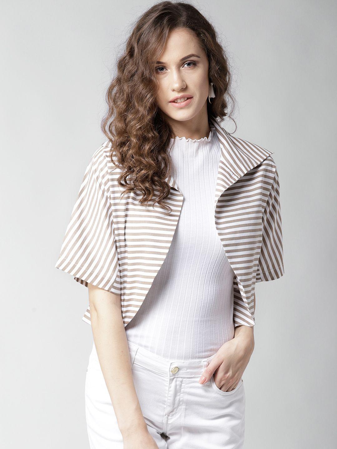 style quotient by noi white & beige striped open front cropped shrug
