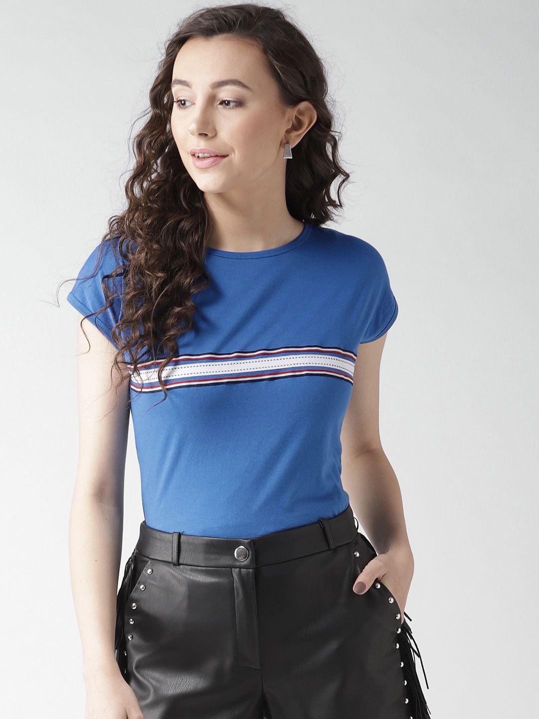 style quotient by noi women blue solid round neck t-shirt