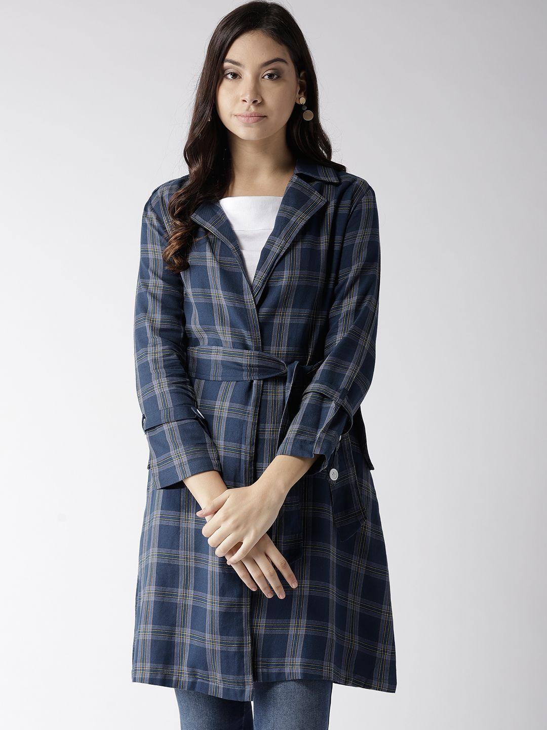 style quotient by noi women navy blue checked longline open front jacket