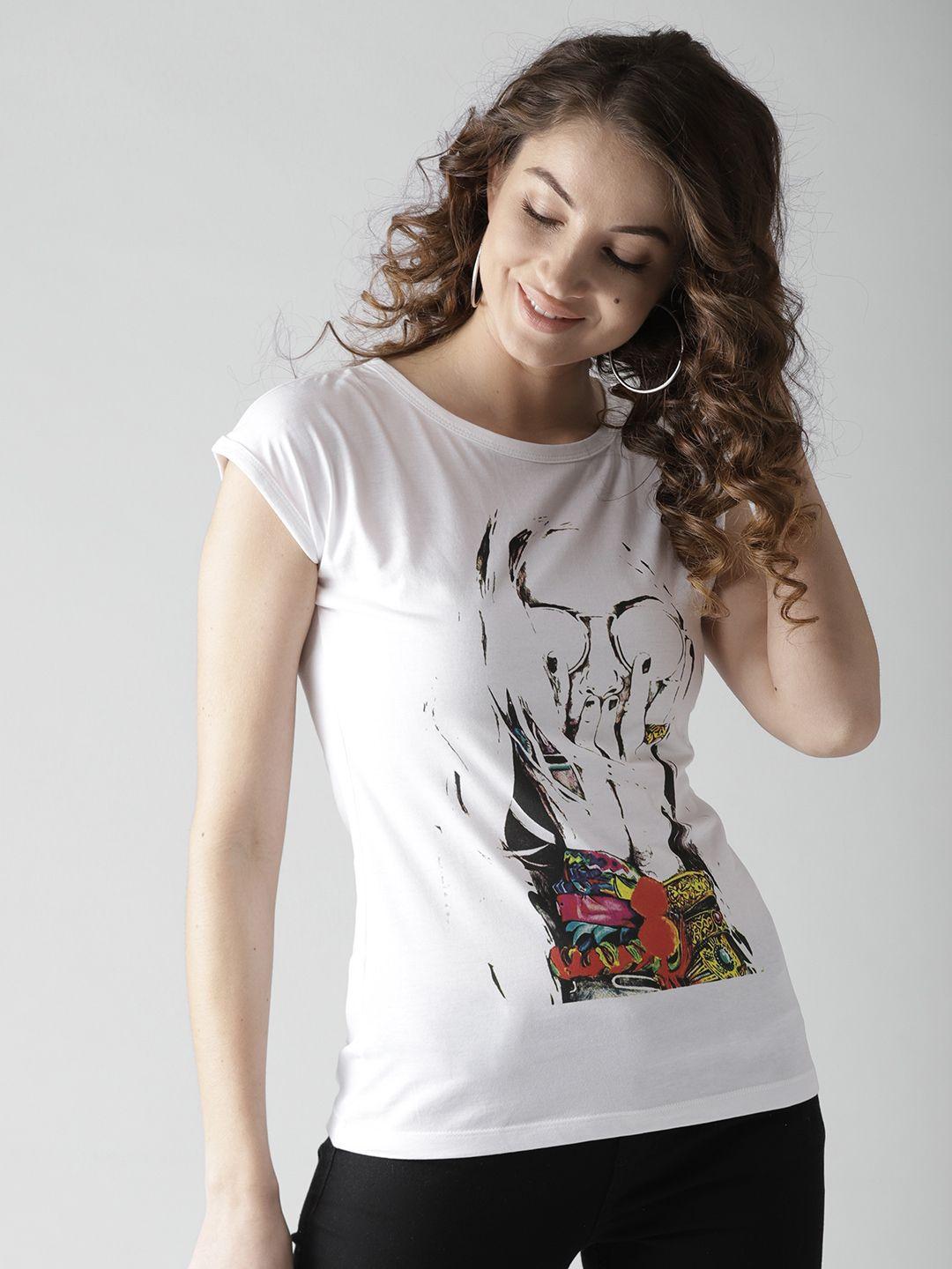 style quotient by noi women white printed round neck t-shirt