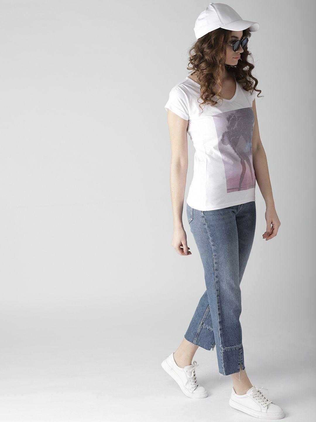style quotient by noi women white printed v-neck t-shirt