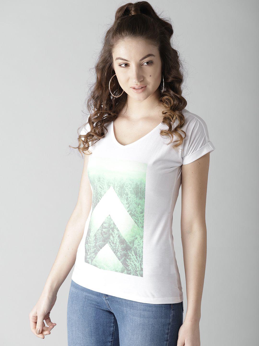 style quotient by noi women white printed v-neck t-shirt