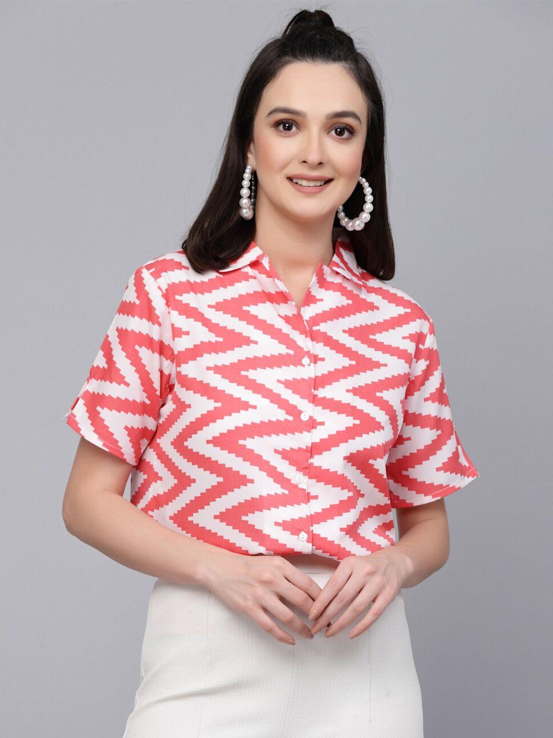 style quotient coral & white geometric printed smart casual shirt