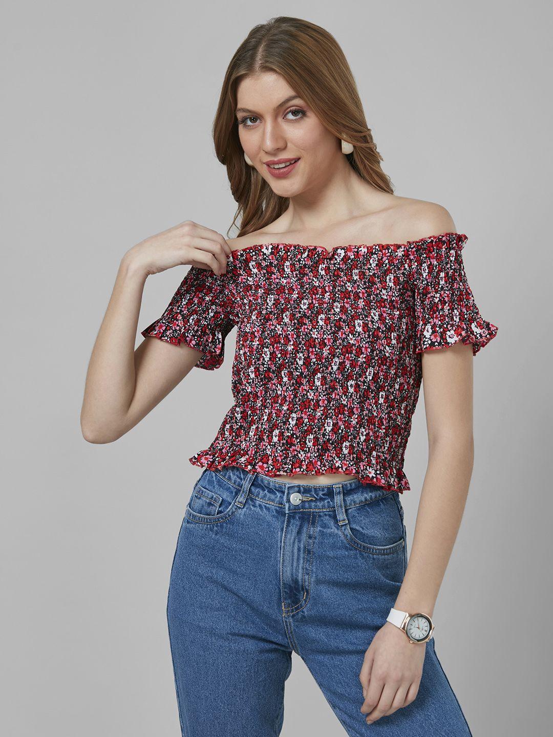 style quotient floral print off-shoulder smocked crepe bardot crop top