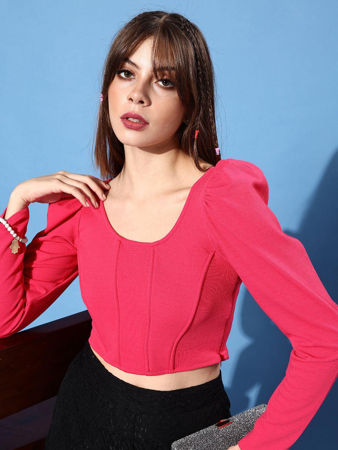 style quotient fuchsia bishop sleeves crop top