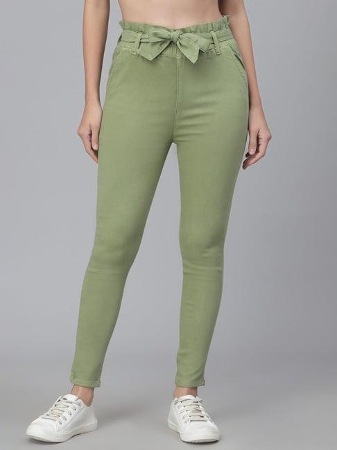 style quotient green mid rise slim fit trousers