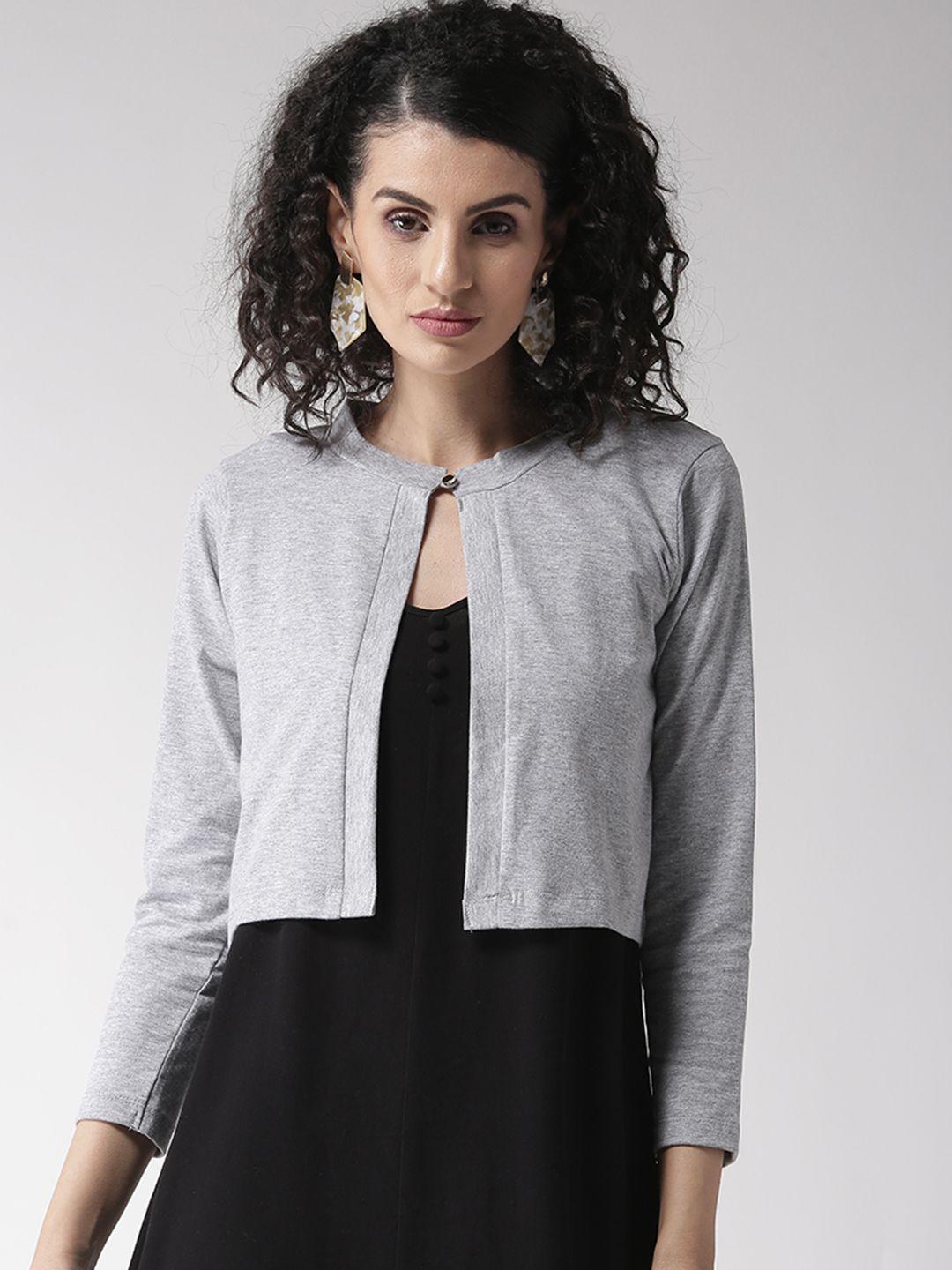 style quotient grey melange solid crop button shrug