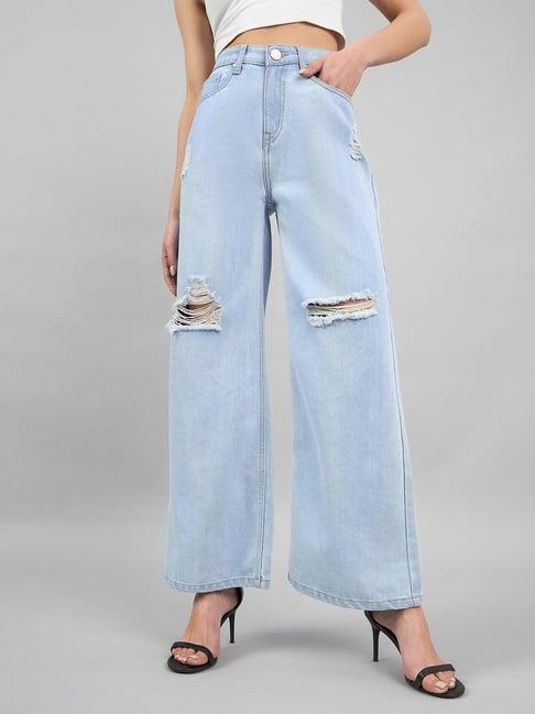 style quotient light blue cotton distressed regular fit high rise jeans