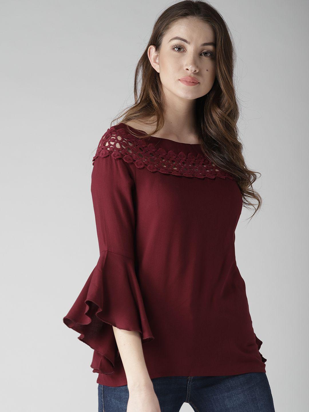 style quotient maroon lace top with bell sleeves