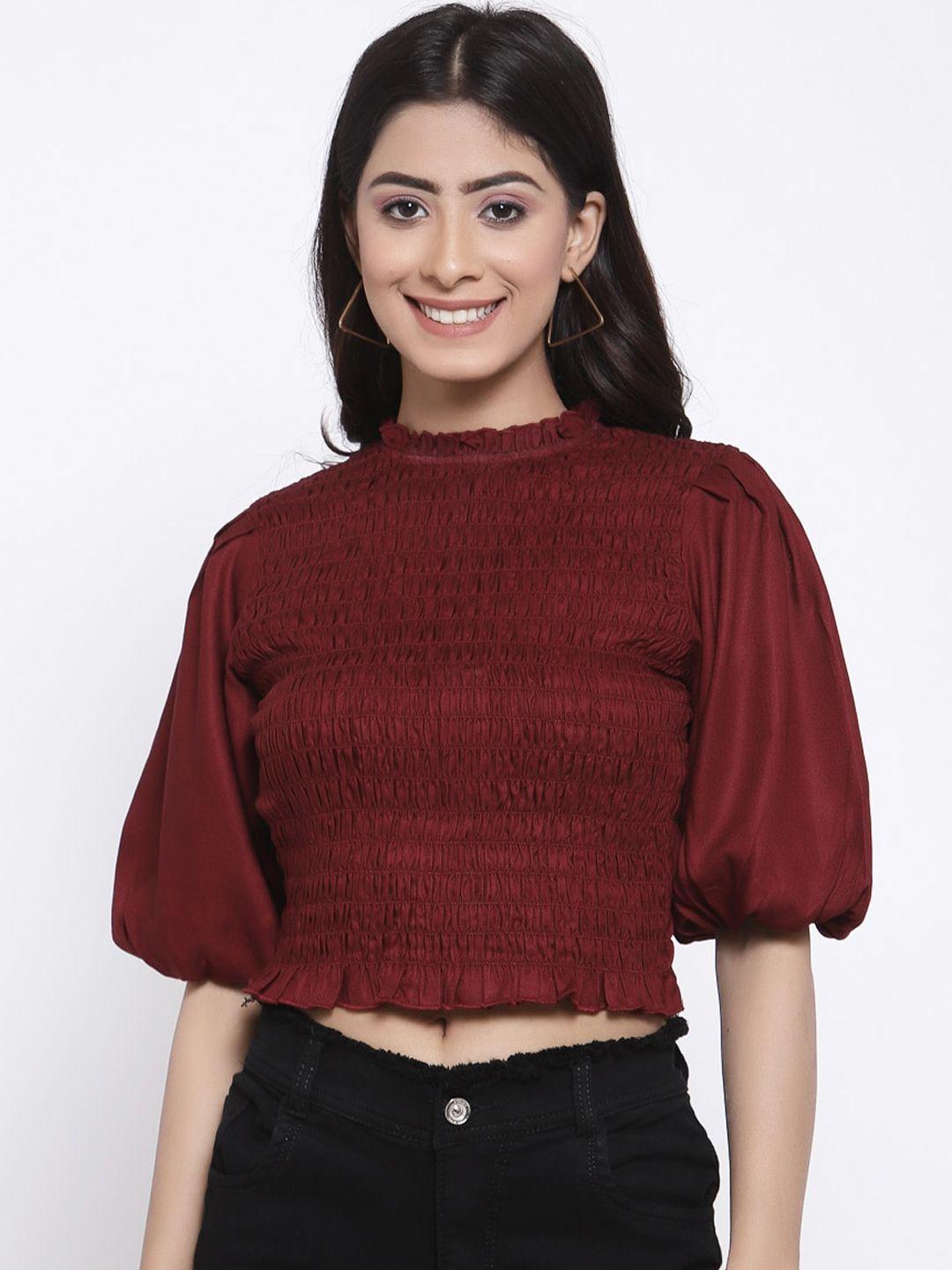 style quotient maroon puff sleeves fitted crop top