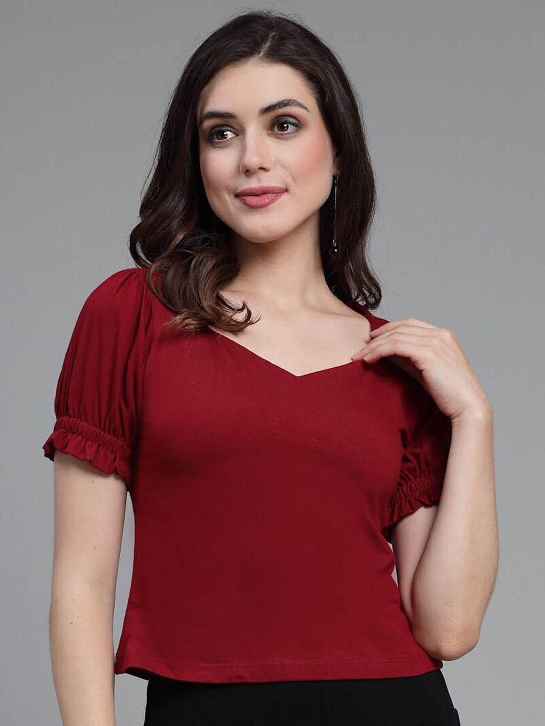 style quotient maroon sweetheart neck puff sleeves cotton top