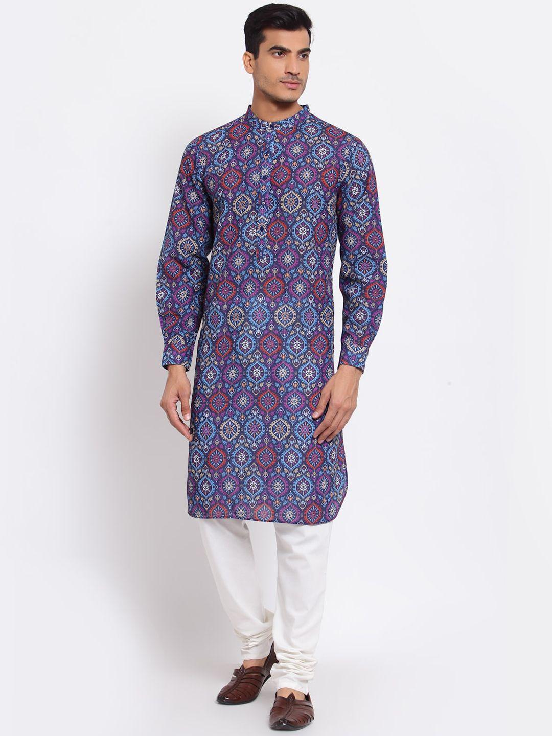 style quotient men blue & purple ethnic motifs screen printed kurta