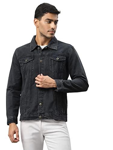 style quotient men grey washed lightweight denim jacket with patchwork