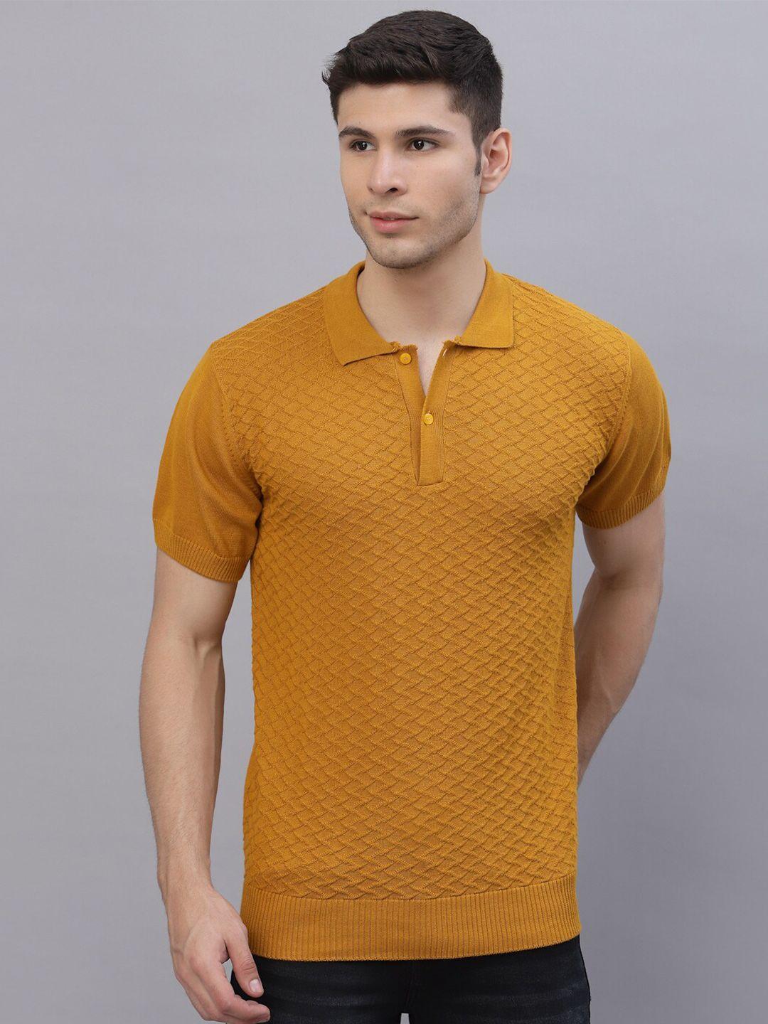 style quotient men mustard yellow printed polo collar t-shirt