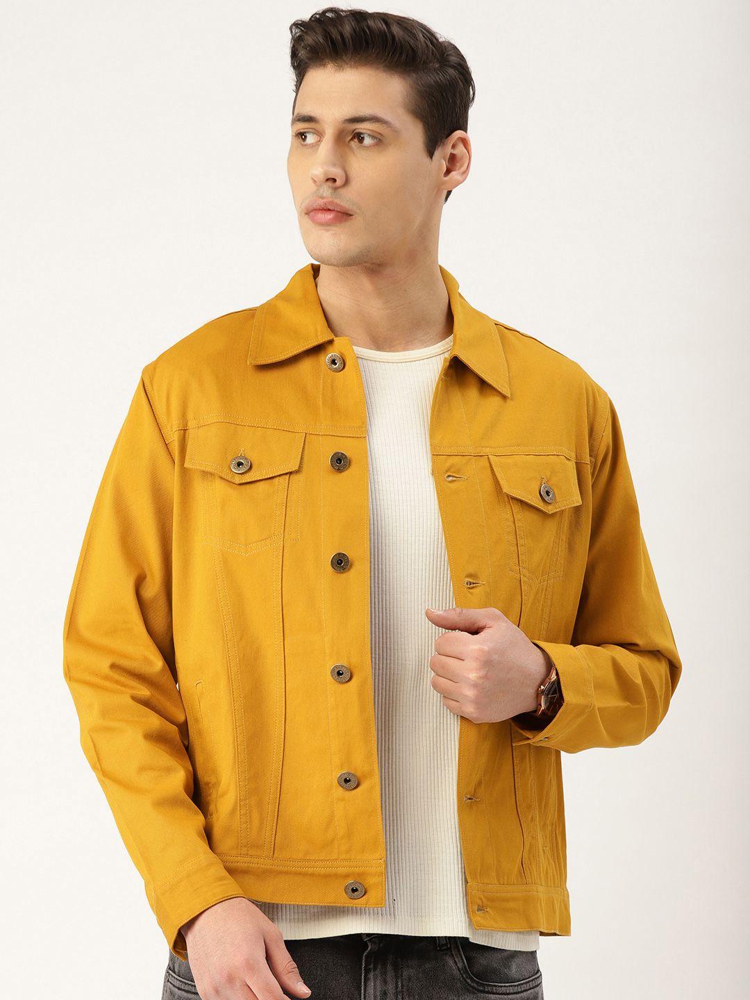 style quotient men mustard yellow solid denim jacket