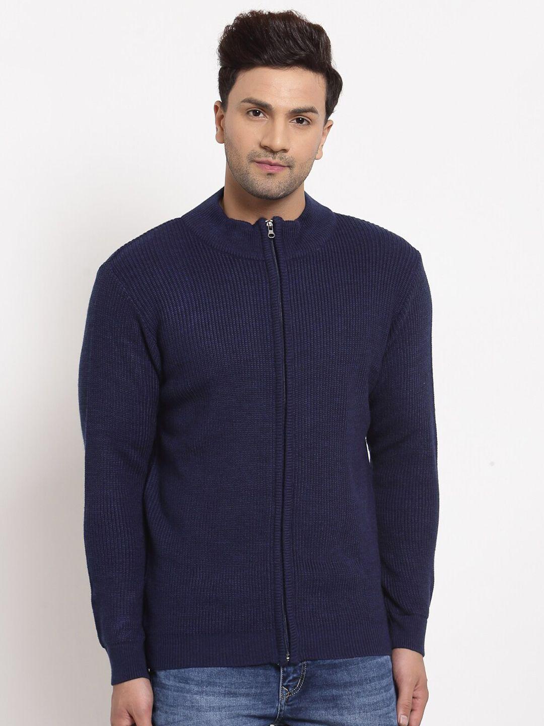 style quotient men navy blue ribbed cardigan with zip detail