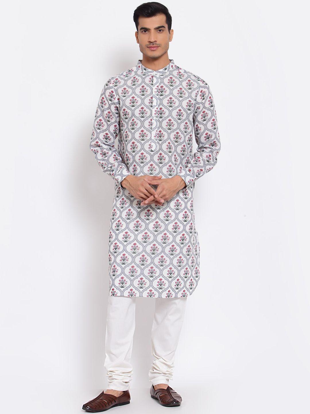 style quotient men off white & green floral printed kurta