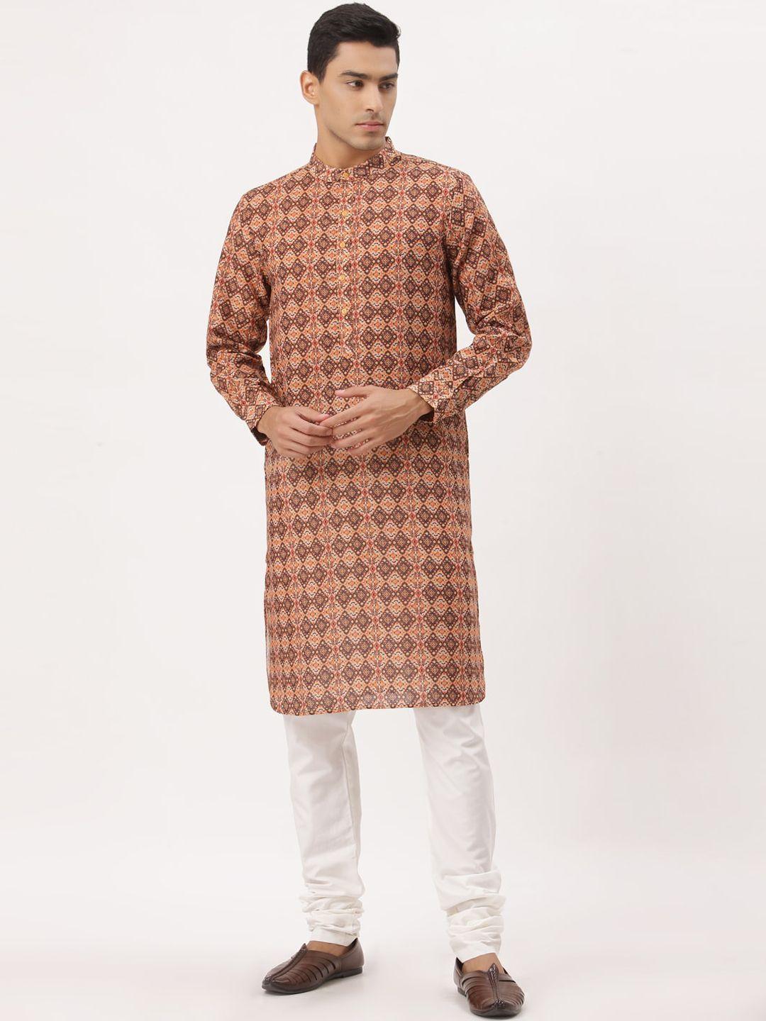 style quotient men orange geometric printed thread work kurta