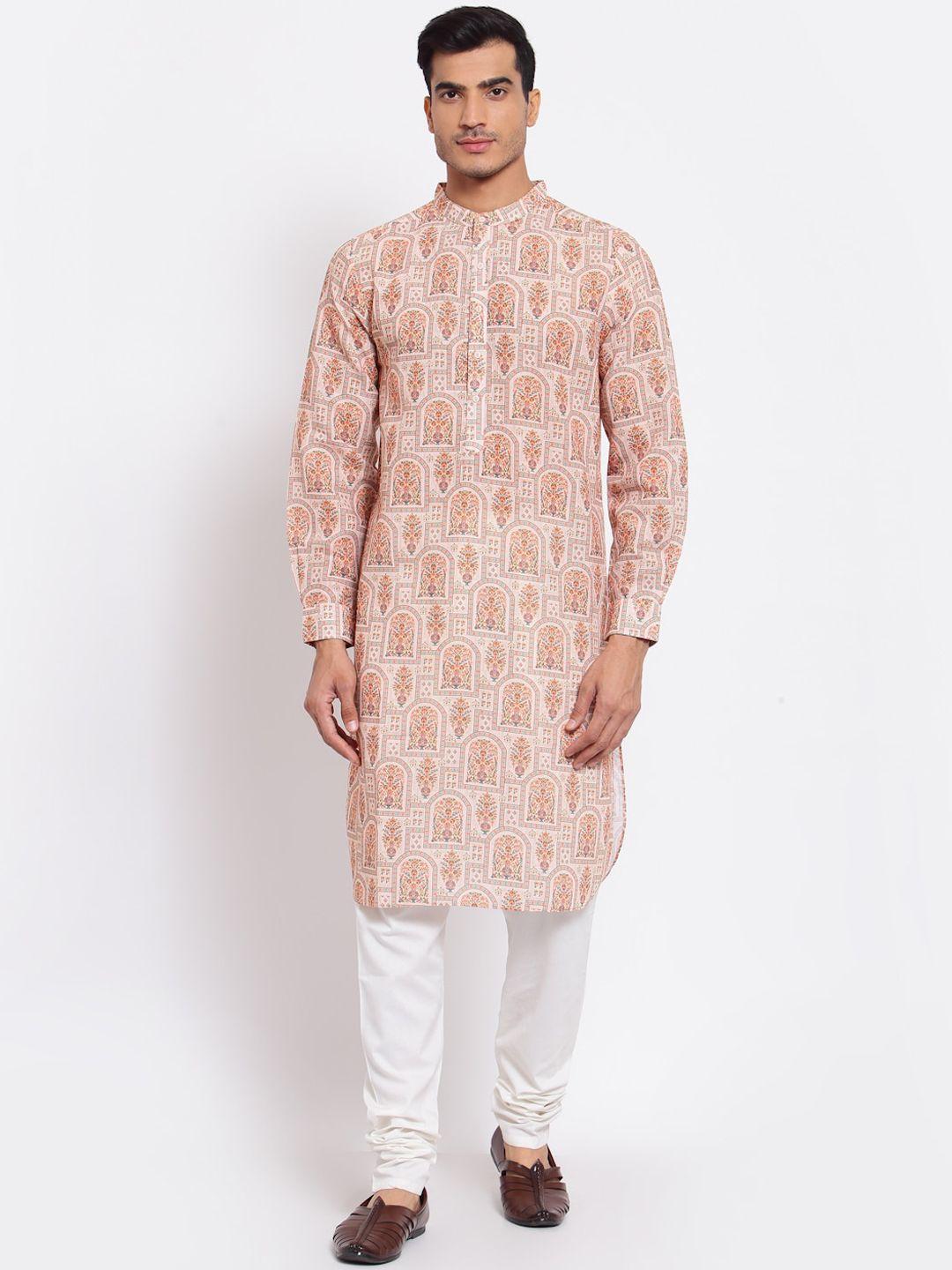 style quotient men peach-coloured printed pathani kurta