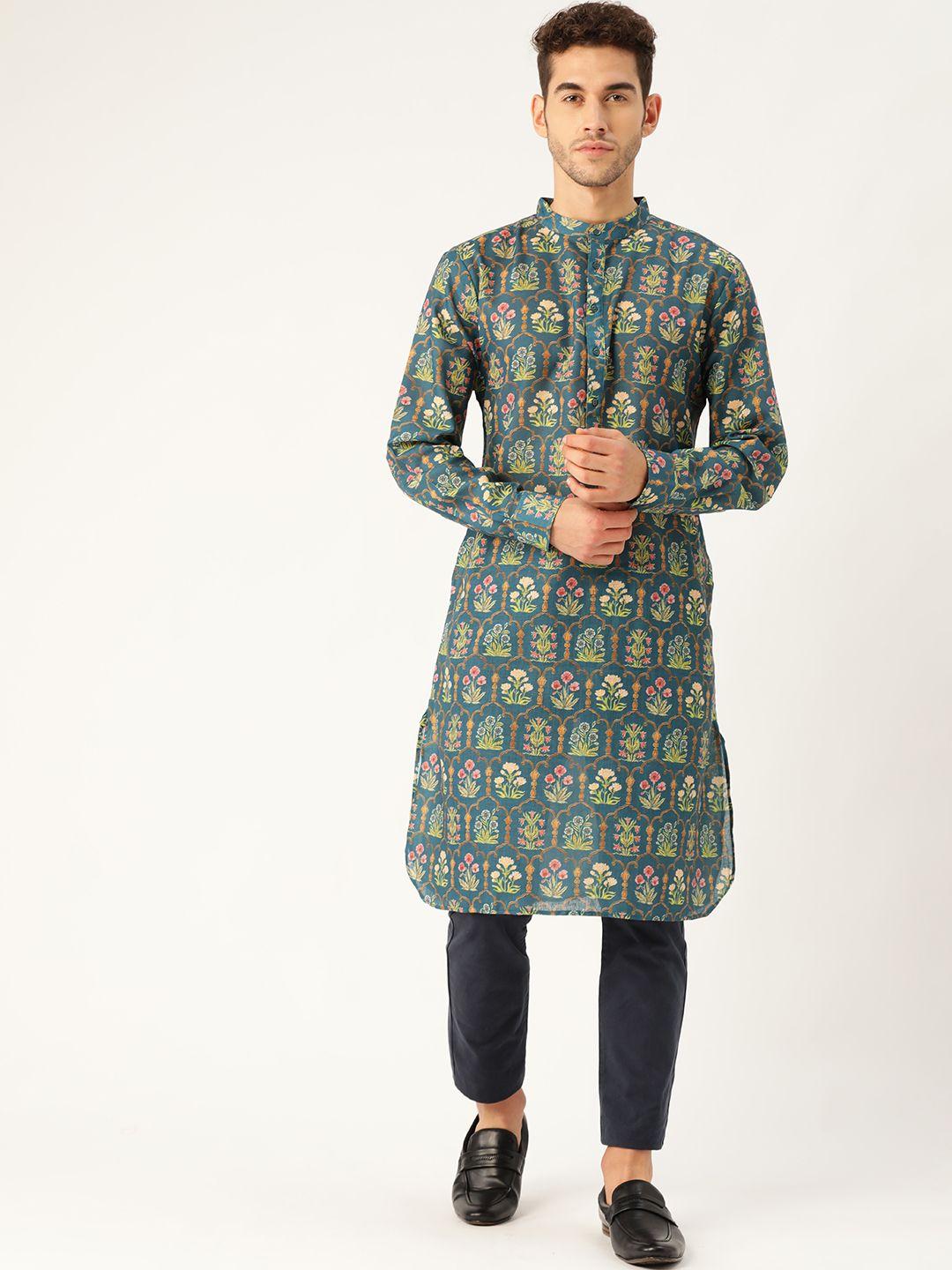 style quotient men teal blue & yellow printed straight kurta