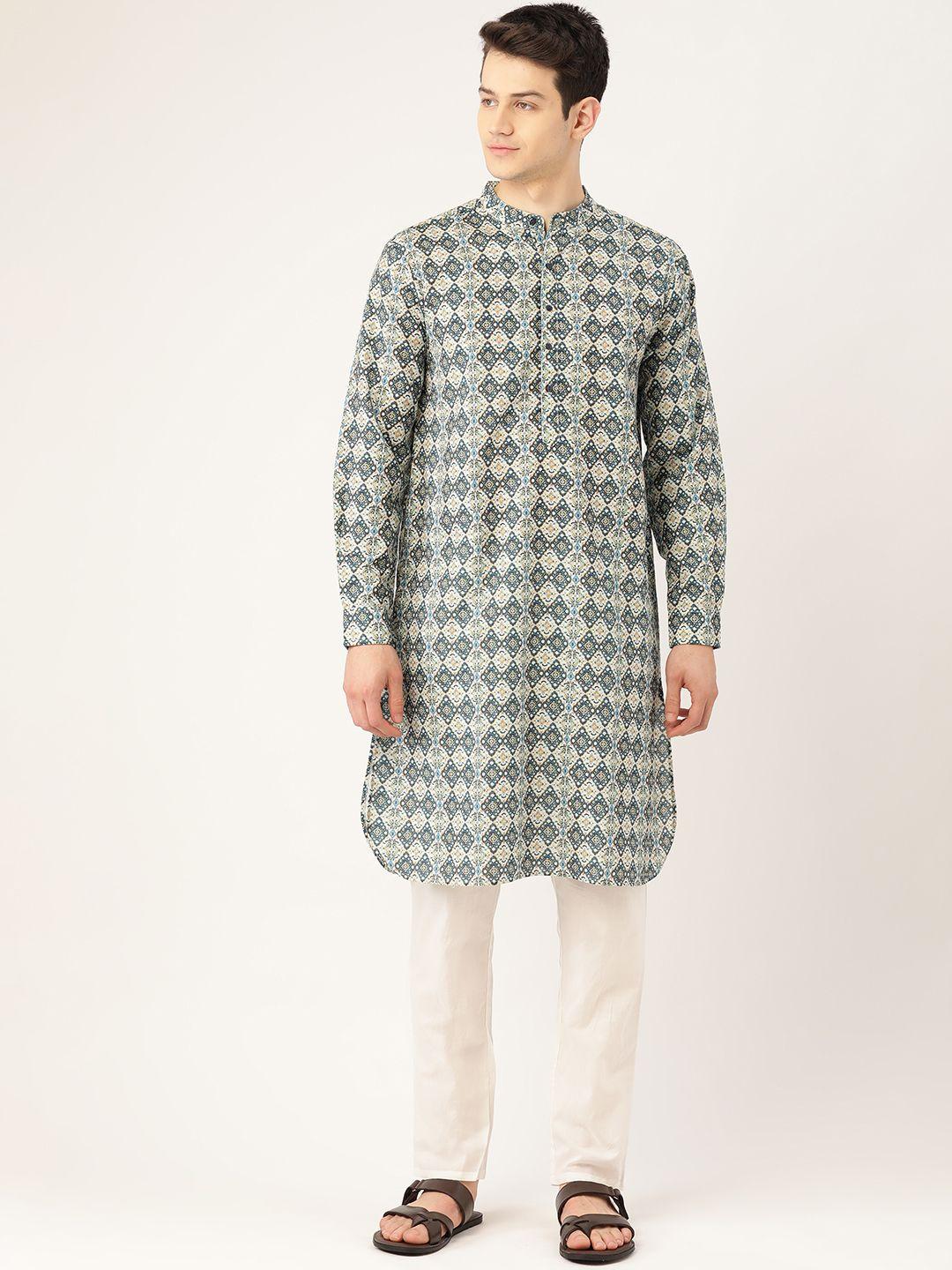 style quotient men white & navy blue printed straight kurta