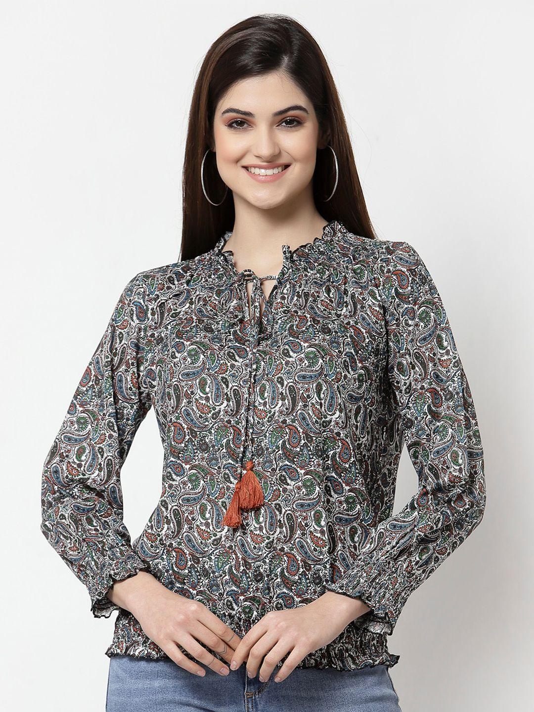 style quotient multicoloured paisley print tie-up neck smocked pure cotton top