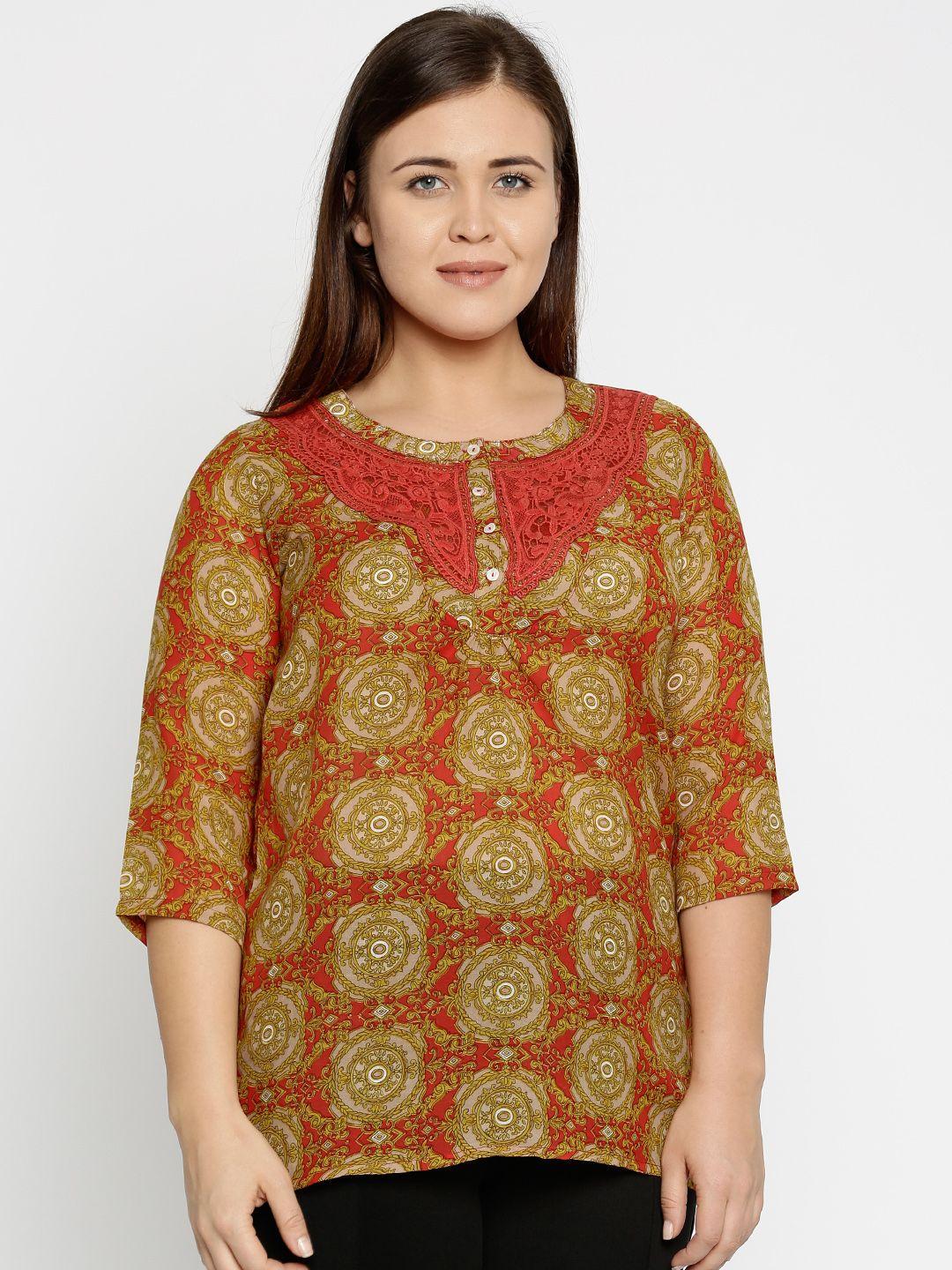 style quotient mustard yellow & red printed plus size pure cotton kurti