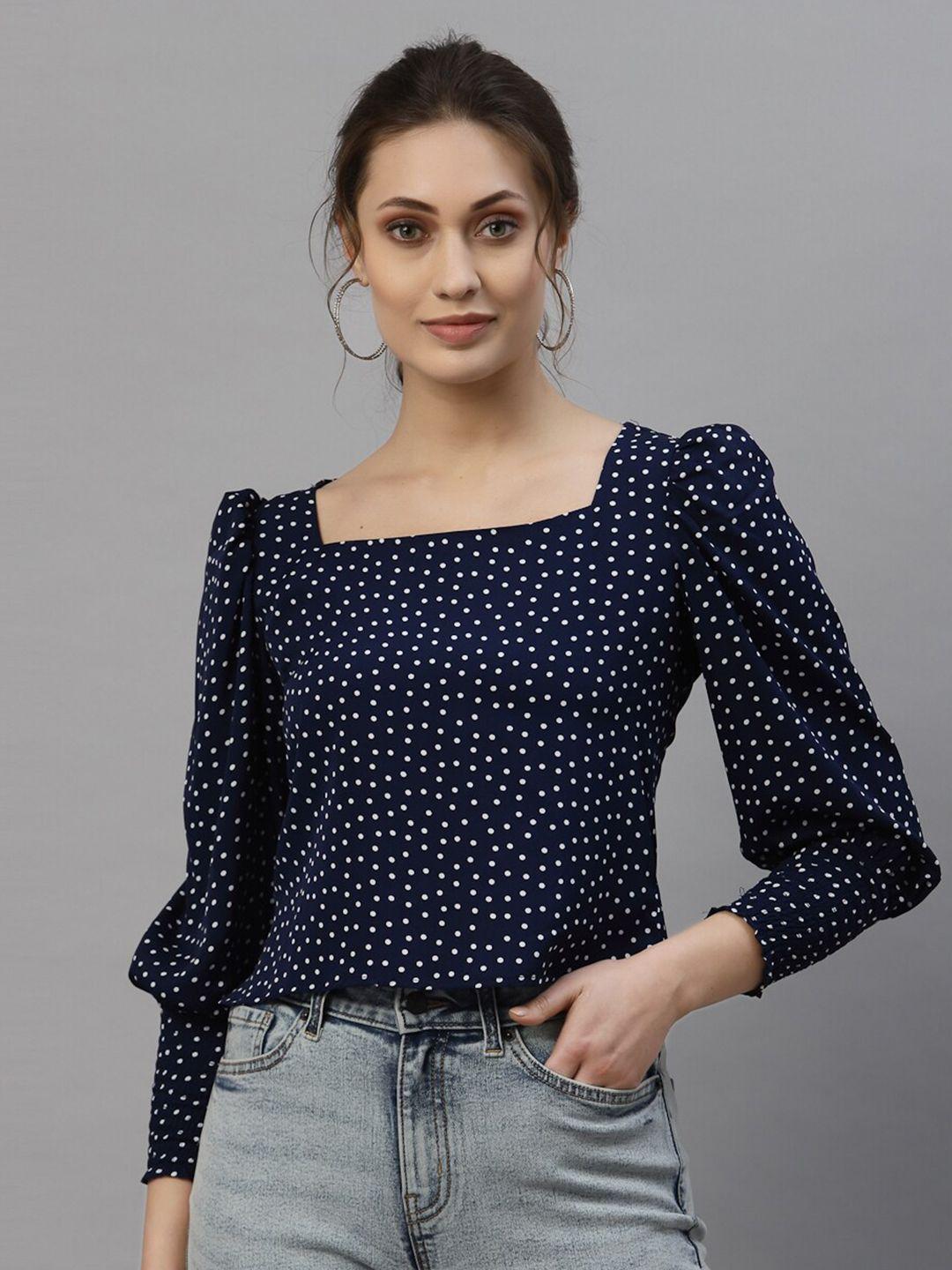 style quotient navy blue & white print bishop sleeves crepe top