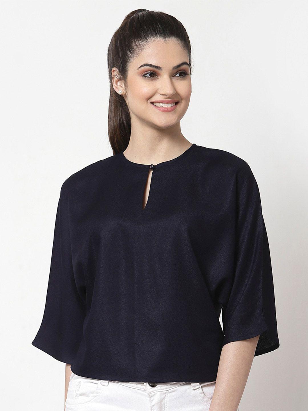 style quotient navy blue solid crepe blouson top