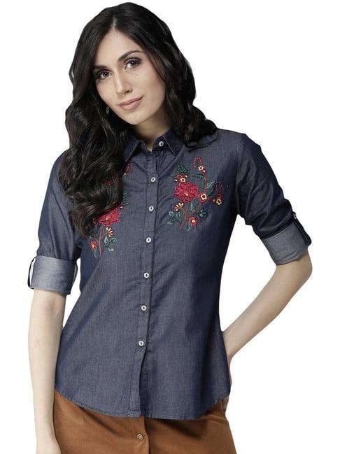 style quotient navy cotton embroidered shirt