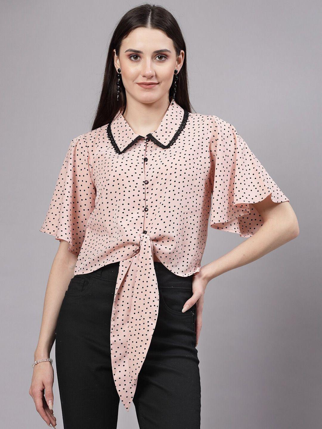 style quotient nude-coloured & black polka dot print peter pan collar bell sleeve top